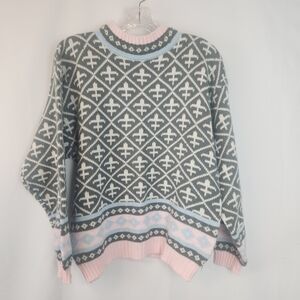 Vintage AJ Brandon Knit Sweater Size L Gray Pink Blue 1980s